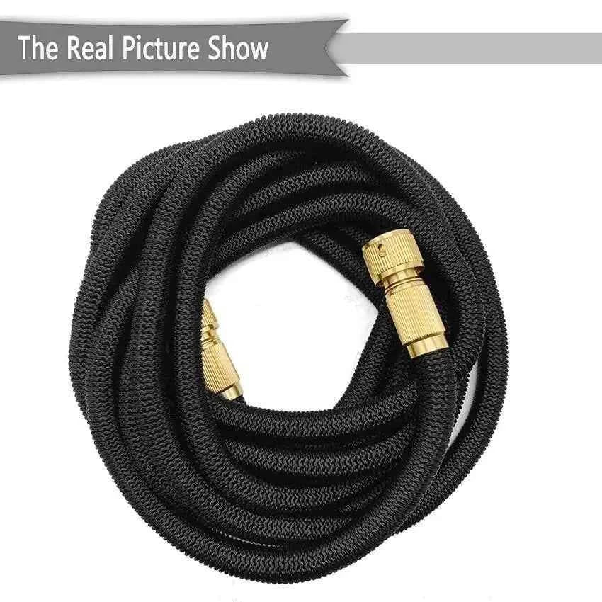 4X Stronger Deluxe expandable black garden hose with brass connectors and durable woven fabric exterior
