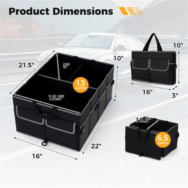 13 Gallon Car Trunk Organizer - 3 Compartments+6 Pockets, 600D Oxford Fabric, Non - Slip Base, Black - Feeling My Adventure