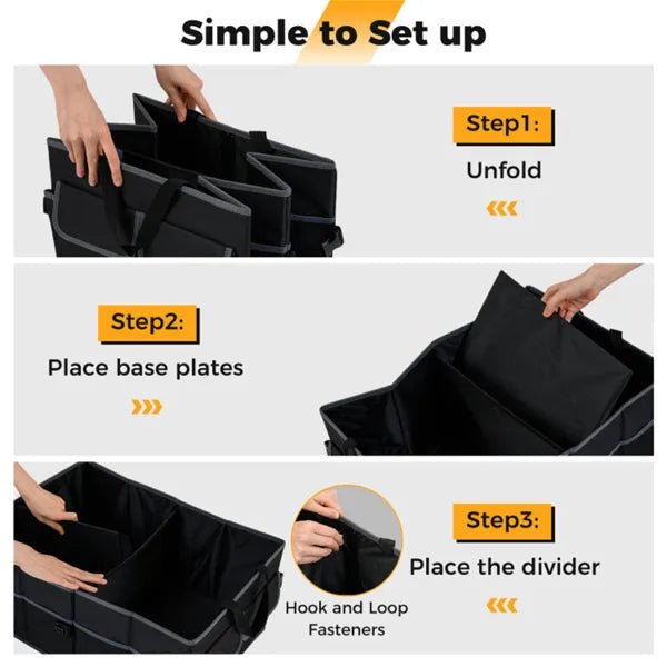 13 Gallon Car Trunk Organizer - 3 Compartments+6 Pockets, 600D Oxford Fabric, Non - Slip Base, Black - Feeling My Adventure