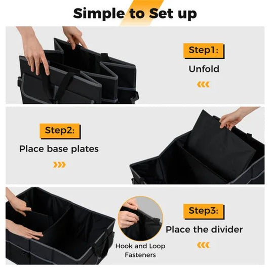 13 Gallon Car Trunk Organizer - 3 Compartments+6 Pockets, 600D Oxford Fabric, Non - Slip Base, Black - Feeling My Adventure