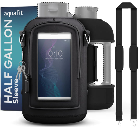 AQUAFIT Half Gallon Water Bottle Sleeve Neoprene 64 oz Water Bottle Sleeve with Adjustable Shoulder Strap and Pocket 64oz Water Bottle Sling Bag Water Jug Holder (Sleeve Only - No Bottle Black) Feeling My Adventure