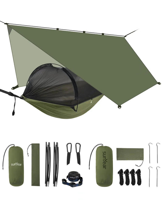 Sunyear Camping Hammock with Net & Rain Fly - Double & Single Hammock with House-Like Net- Easy Setup & Pack Lightweight & Portable Perfect for Hiking Backpacking Outdoor Sleeping Feeling My Adventure