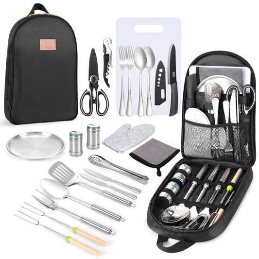 Camping Cooking Utensils Set- Camping Essentials Camping Accessories Gear Must Haves Camper Tent Camping Kitchen Equipment RV Cookware Supplies Gadgets Outdoor Stove Portable Picnic Gifts BBQ Stuff Feeling My Adventure