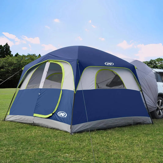 UNP SUV Tent for Camping 6-Person dark blue car camping tent with rainfly attached to SUV tailgate outdoors