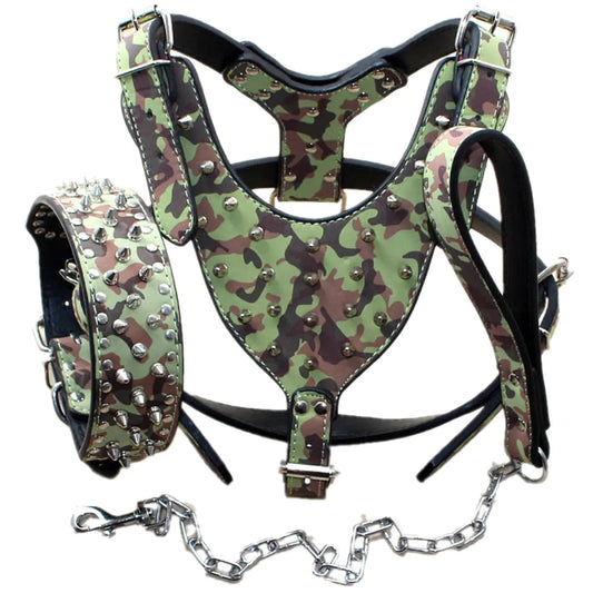 Haoyueer Leather Spiked Studded Medium & Large Dog Collars Harnesses & Chain Leashes 3Pcs Matching Set for Pit BullMastiff Boxer Bull Terrier Feeling My Adventure