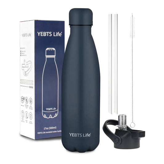 Insulated Water Bottle17oz Stainless Steel Water Bottles with straw lidMetal Sports Thermos Water Bottles for BoysGirlsDouble Wall Vacuum BPA-Free Flask for School Sports (Dark blue) Feeling My Adventure