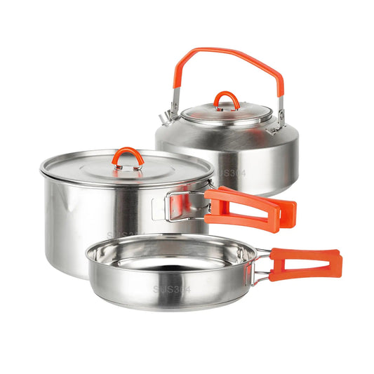 KERMANDO Stainless Steel Camping Cookware Set - Kettle Frying Pan and Cooking Pot 3 Piece Set With Anti-scald Folding Handles and Mesh Bag Feeling My Adventure