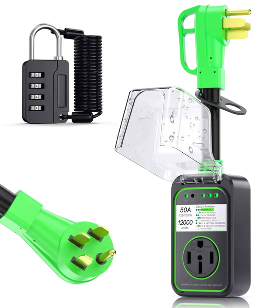 RV Surge Protector 50 Amp Waterproof Upgraded 12000 Joules RV Power Protector （Safety-Certified） RV Adapter Plug with Anti-Theft Cable Lock for Camper Circuit Analyzer for Travel Trailers (Green) Feeling My Adventure