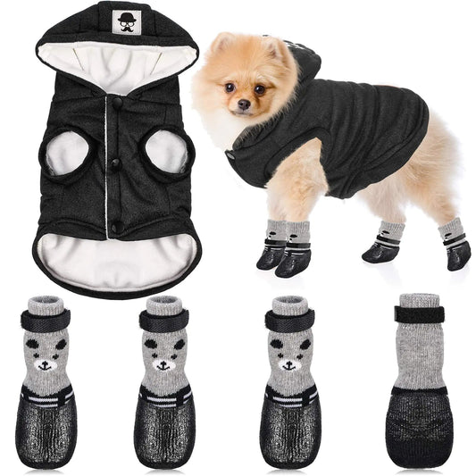 Hooded Dog Coat and Dog Cat Boots Shoes Socks Stylish Puppy Clothes Warm Dog Jacket Waterproof Dog Shoes for Small Puppy (GreyM) Feeling My Adventure