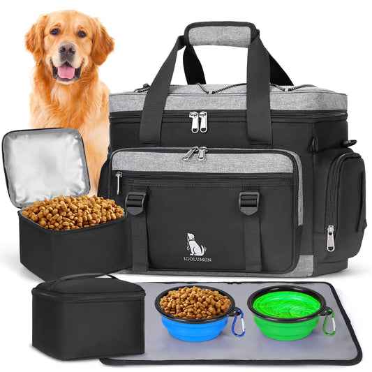 IGOLUMON Dog Travel Bag Large Pet Travel Bags Set for Supplies Weekend Dog Travel Kit Tote Organizer Multi-Pockets Dog Food Travel Bag with 2 Extra Large Food Containers 2 Dog Bowls 1 Feeding Mat Feeling My Adventure