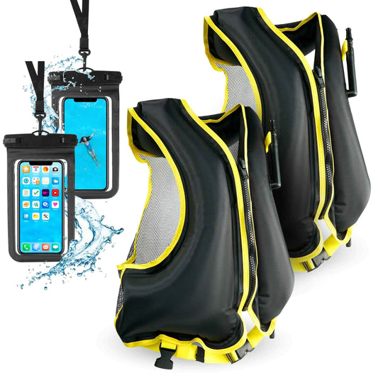 2 Inflatable Snorkel Vests for Adults with Waterproof Phone Cases – Adjustable Fit 68-220 lbs - Feeling My Adventure