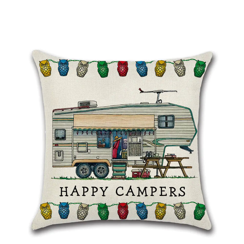 Cartoon Camper RV Dining Car Series Linen Pillow Case Feeling My Adventure
