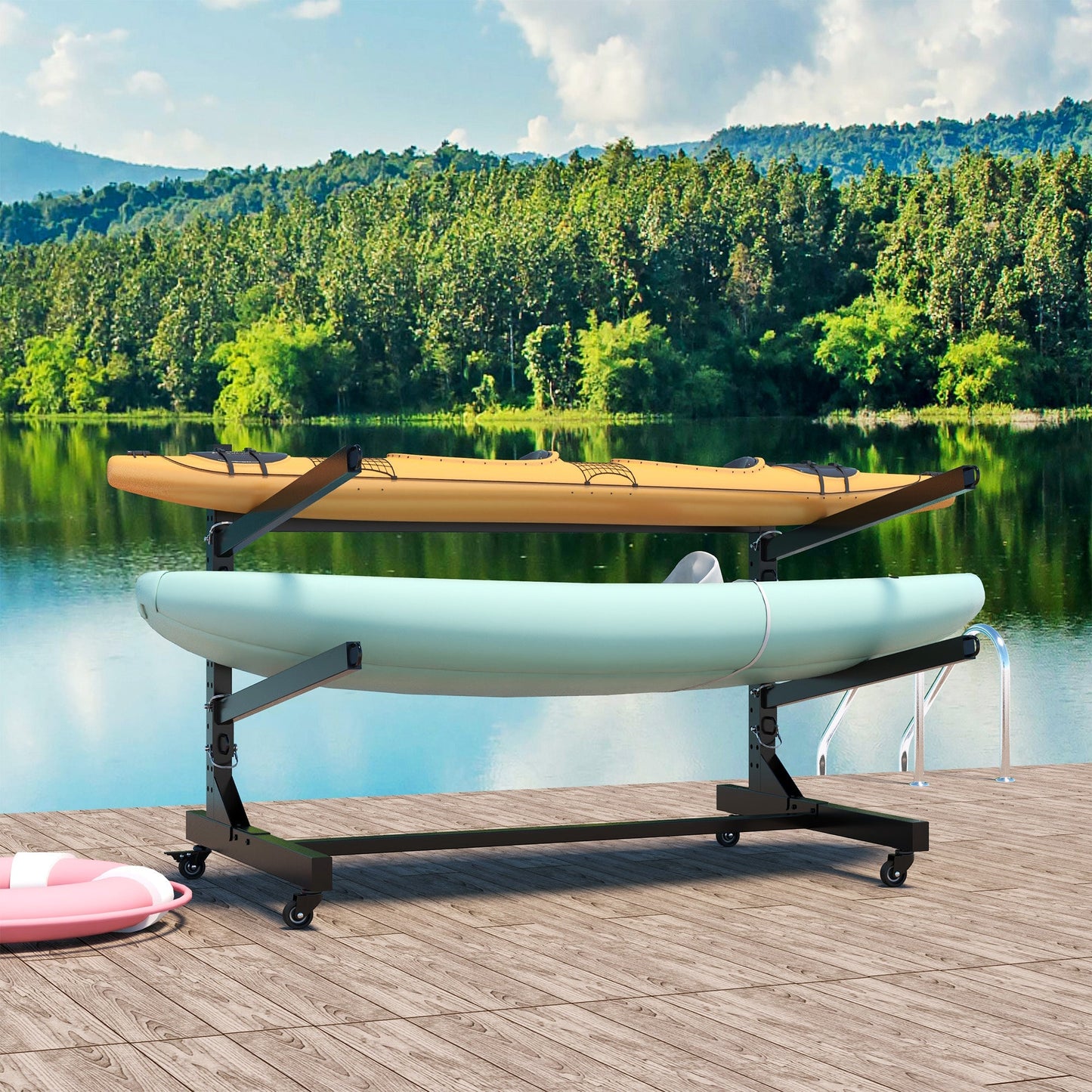 Adjustable 2-Kayak Storage Rack with Wheels – Heavy-Duty Stand for Watercraft & Surfboards - Feeling My Adventure