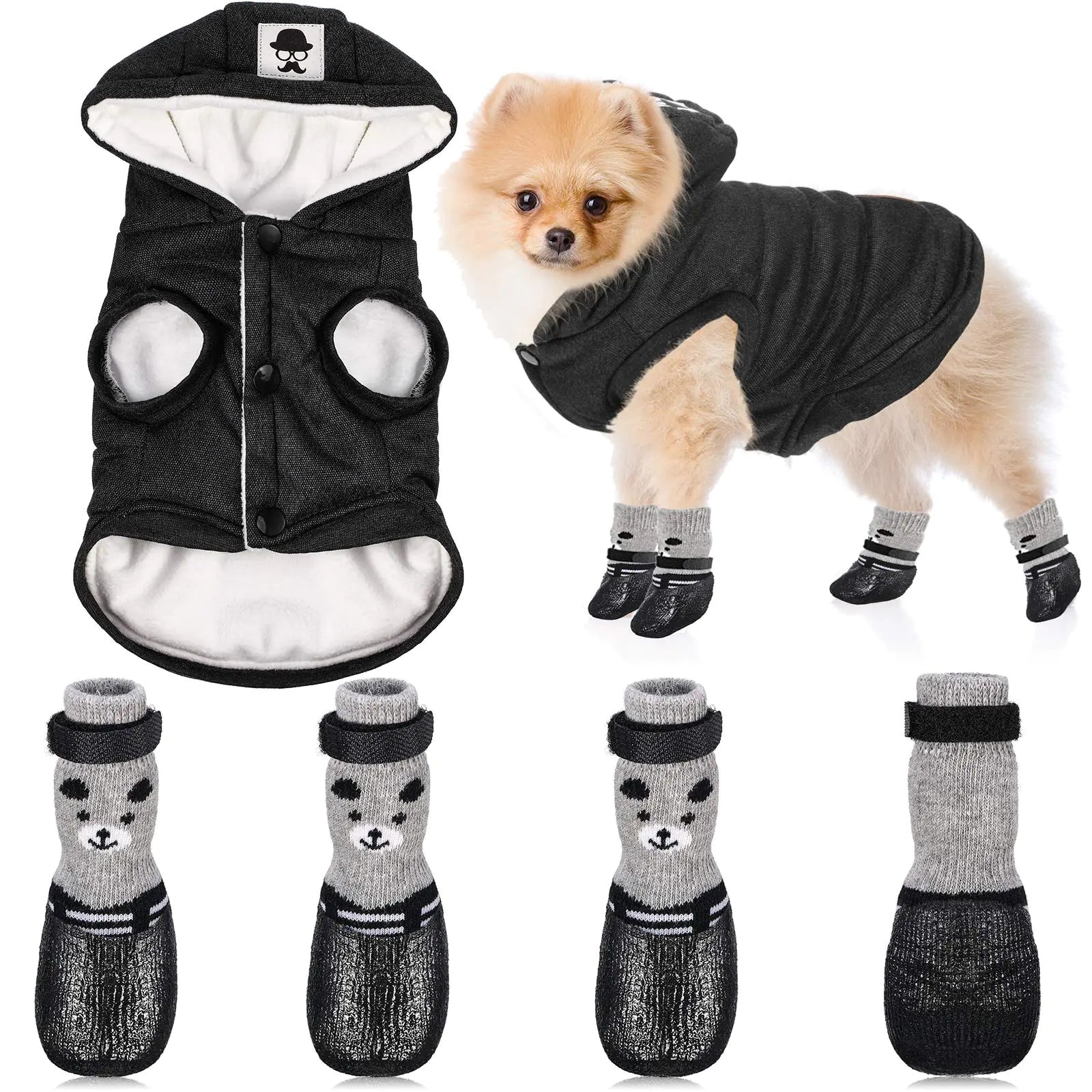 Hooded Dog Coat and Dog Cat Boots Shoes Socks Stylish Puppy Clothes Warm Dog Jacket Waterproof Dog Shoes for Small Puppy (GreyM) Feeling My Adventure