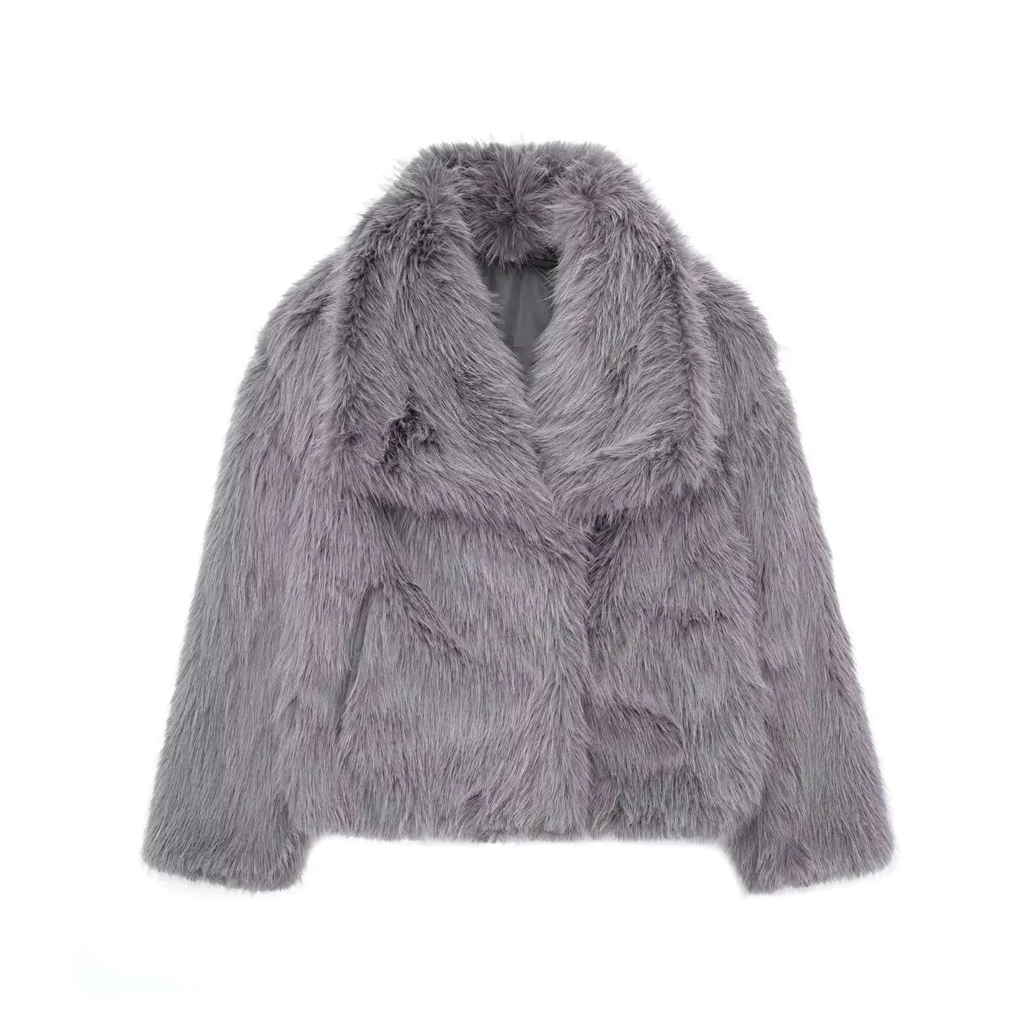 Chic winter plush coat for women in soft gray spandex with long sleeves and no fur collar
