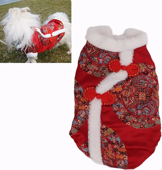 Pssopp Dog Tang Suit Easy to Wear Soft and Comfortable Plush Material Dog Winter Cloth Happy New Year Qipao Costume Tang Cat Dress for Pets Feeling My Adventure