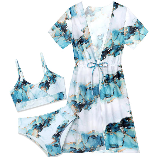 Tropical Print Girls Swimsuit Set with Quick Dry Cover Up - Feeling My Adventure