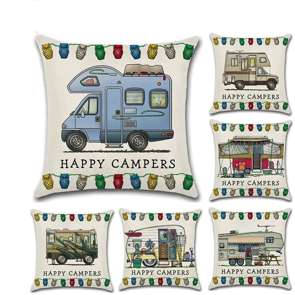 Cartoon Camper RV Dining Car Series Linen Pillow Case Feeling My Adventure