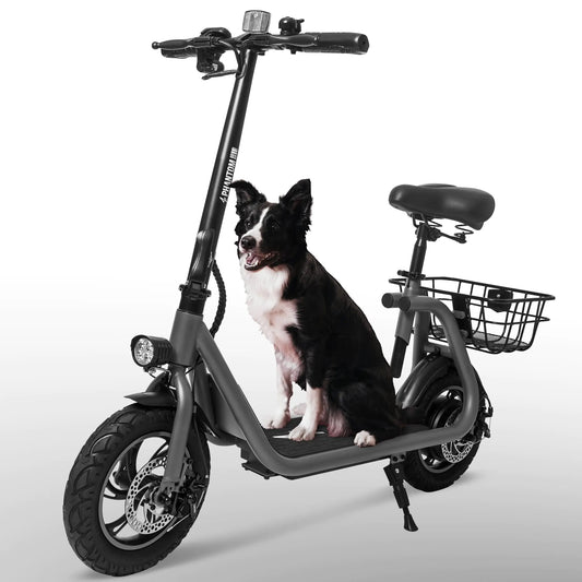 Phantomgogo Commuter R1 Electric Scooter - 450W Motor, Foldable, Seat & Basket, 15MPH, 265lbs Load - Feeling My Adventure