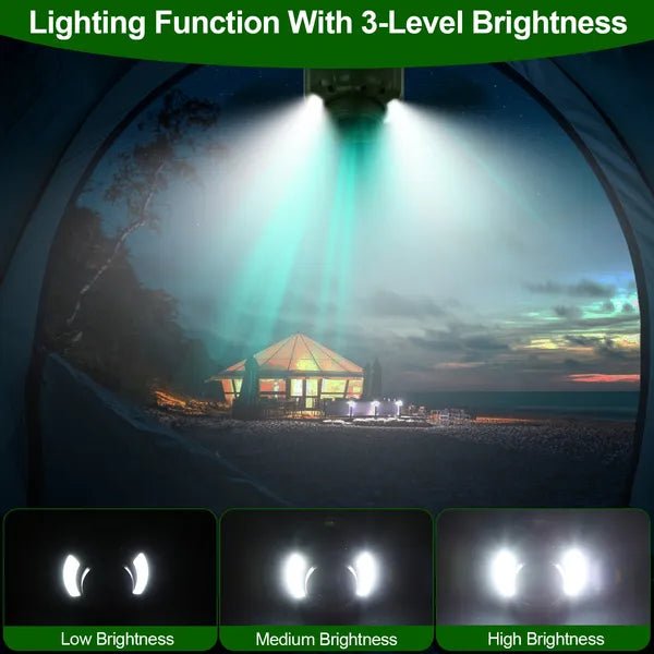 Portable Camping Ceiling LED Fan 10400mAh USB Battery Powered Hanging Tent Lantern Fan Power Bank With 3 Fan Speed/Brightness