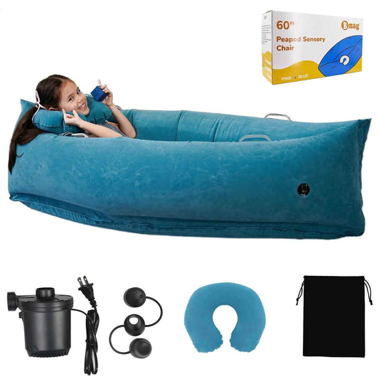 Bmag Sensory Chair for Kids Inflatable Peapod Chair with Neck Pillow 60" Sensory Pod Seating Toy Gift for Autistic Children Includes Electric Air Pump Blue Feeling My Adventure