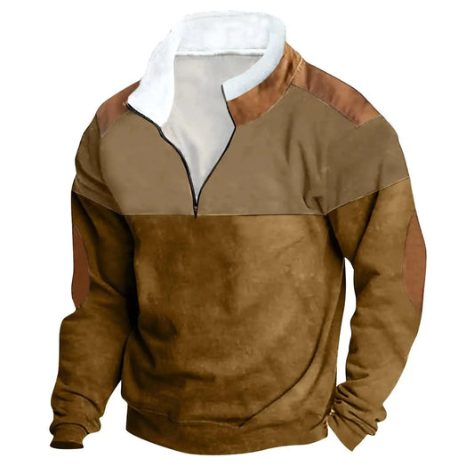 Men's Western Aztec Pullover fleece quarter zip in brown with white collar, casual and comfortable design