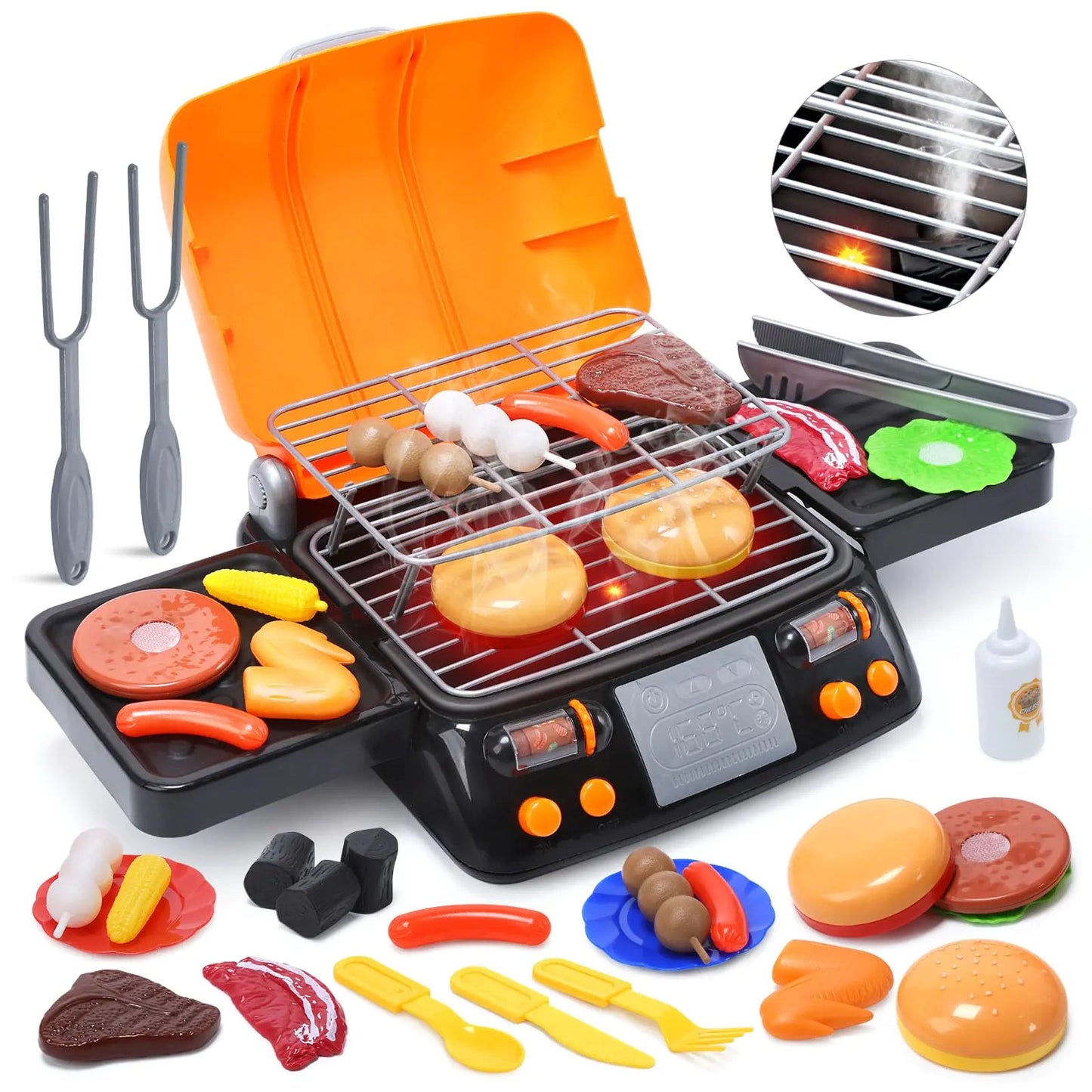 CUTE STONE Cooking Toy BBQ Set 2-Layer Kids Grill Playset with Play Food Pretend Smoke Sound and Light Kitchen Accessories Utensils Toy Outdoor Camping Barbecue Toys Gift for Toddlers Girls Boys Feeling My Adventure