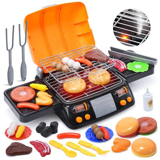 CUTE STONE Cooking Toy BBQ Set 2-Layer Kids Grill Playset with Play Food Pretend Smoke Sound and Light Kitchen Accessories Utensils Toy Outdoor Camping Barbecue Toys Gift for Toddlers Girls Boys Feeling My Adventure