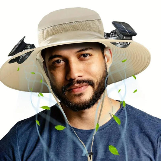 Unisex Solar Powered Black Fan Outdoor Fishing Wide Brim Sun Hat For Camping And Work - Feeling My Adventure