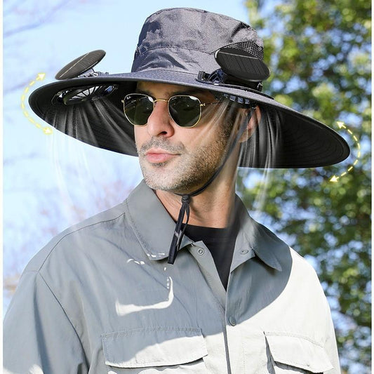 Unisex Solar Powered Black Fan Outdoor Fishing Wide Brim Sun Hat For Camping And Work - Feeling My Adventure