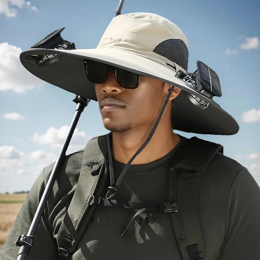 Unisex Solar Powered Black Fan Outdoor Fishing Wide Brim Sun Hat For Camping And Work - Feeling My Adventure