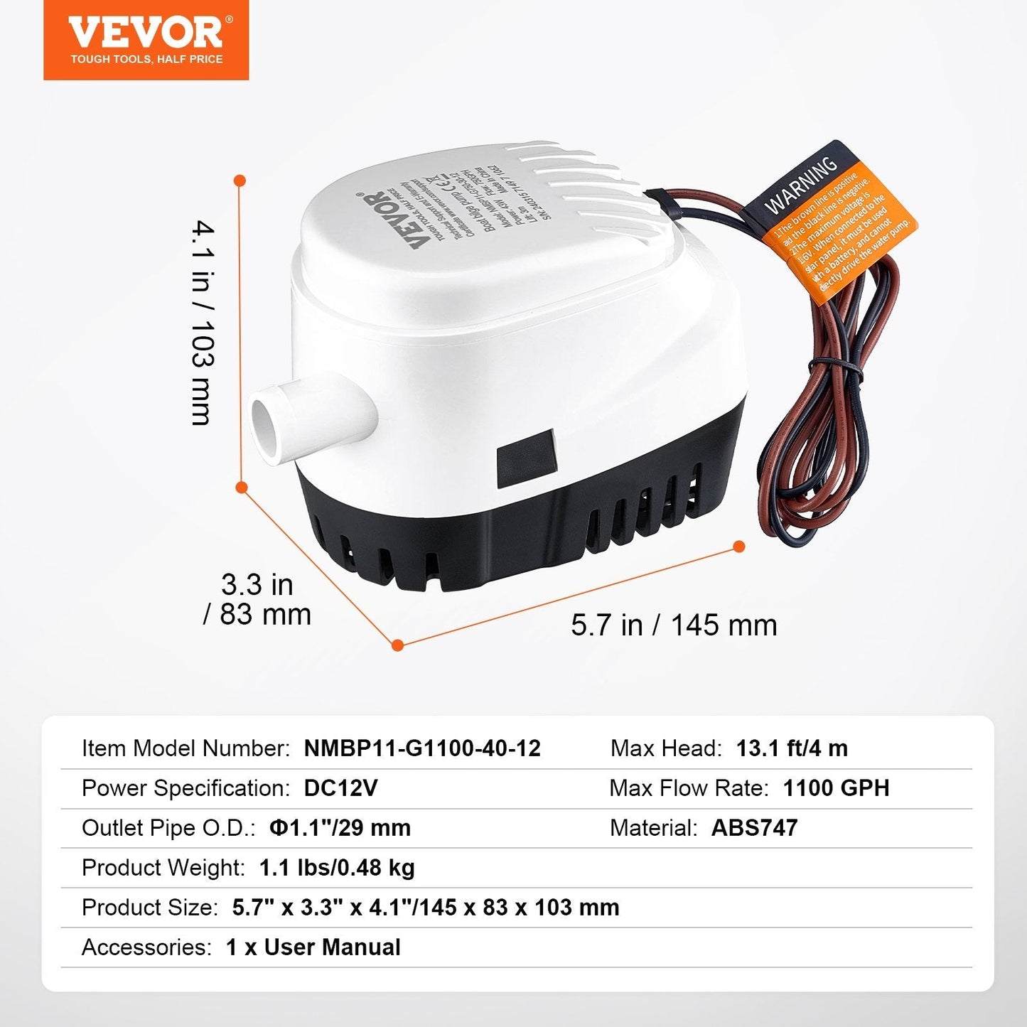 VEVOR 1100GPH Boat Bilge Pump w/ Float Switch, Marine Electric Water Pump for Boats, Ponds, Pools - Feeling My Adventure