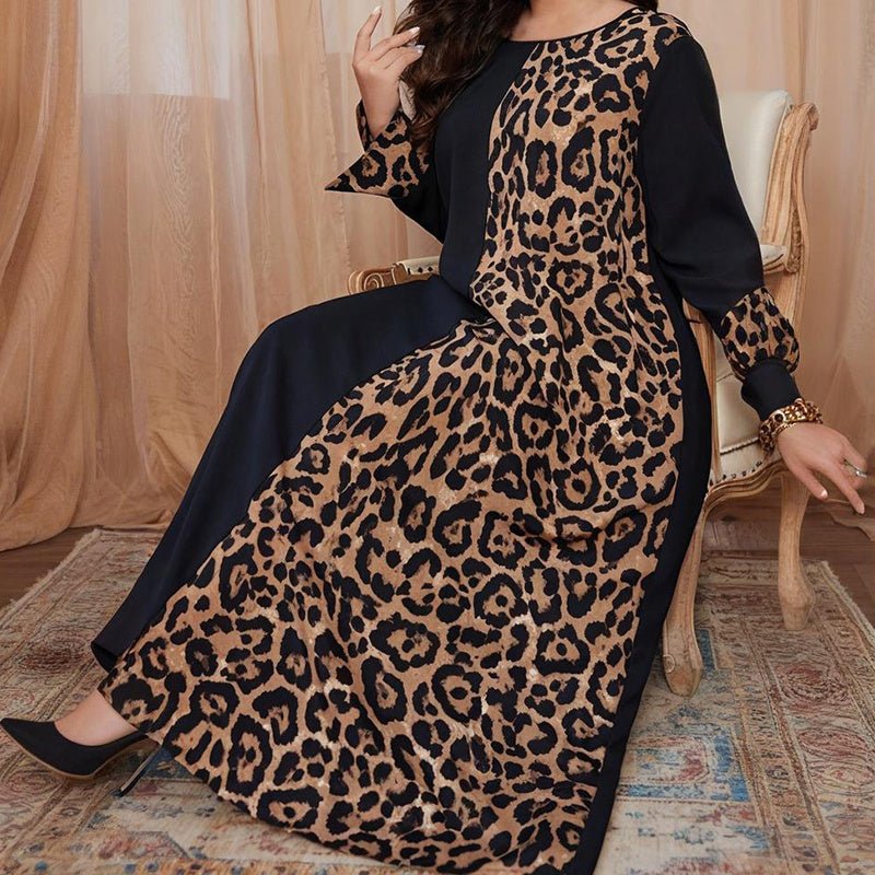 Womens Leopard Print Maxi Dresses Color Block Long Sleeve Dress Casual Summer Dresses - Feeling My Adventure