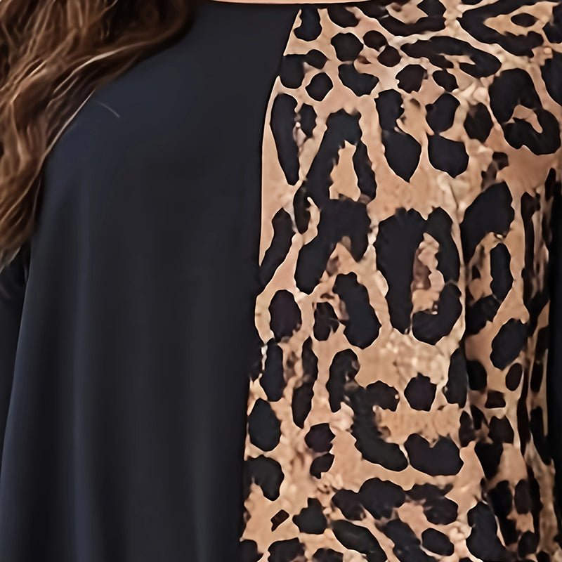 Womens Leopard Print Maxi Dresses Color Block Long Sleeve Dress Casual Summer Dresses - Feeling My Adventure