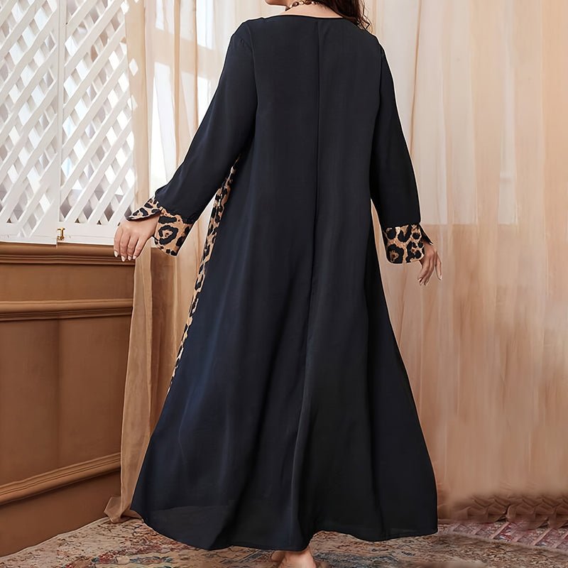 Womens Leopard Print Maxi Dresses Color Block Long Sleeve Dress Casual Summer Dresses - Feeling My Adventure