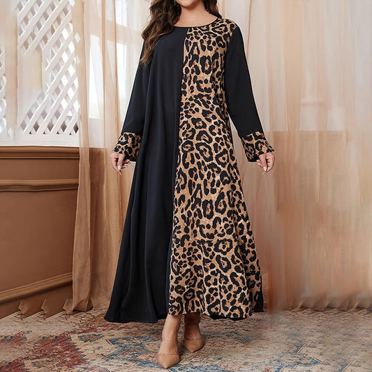 Womens Leopard Print Maxi Dresses Color Block Long Sleeve Dress Casual Summer Dresses - Feeling My Adventure