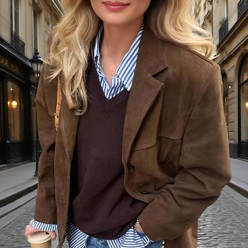 Chic Women's Suede-Look Blazer with Classic V-Notch Lapel - Machine Washable Casual Coat - Feeling My Adventure