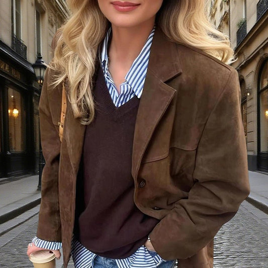 Chic Women's Suede-Look Blazer with Classic V-Notch Lapel - Machine Washable Casual Coat - Feeling My Adventure