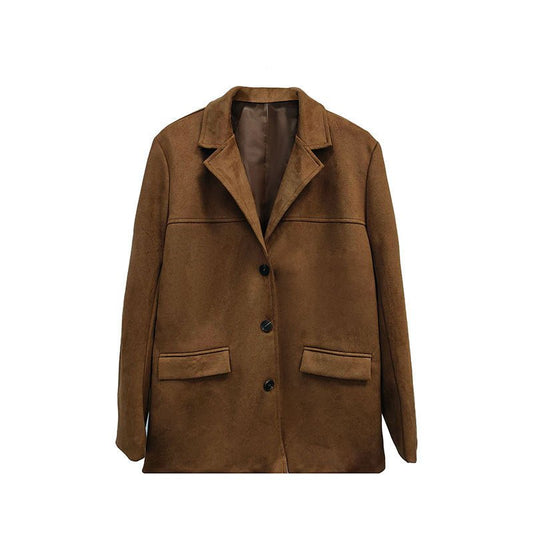 Chic Women's Suede-Look Blazer with Classic V-Notch Lapel - Machine Washable Casual Coat - Feeling My Adventure