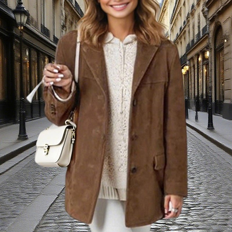 Chic Women's Suede-Look Blazer with Classic V-Notch Lapel - Machine Washable Casual Coat - Feeling My Adventure