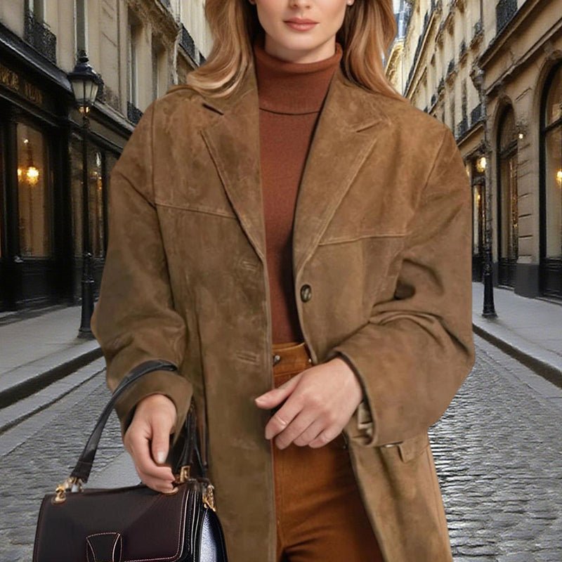 Chic Women's Suede-Look Blazer with Classic V-Notch Lapel - Machine Washable Casual Coat - Feeling My Adventure