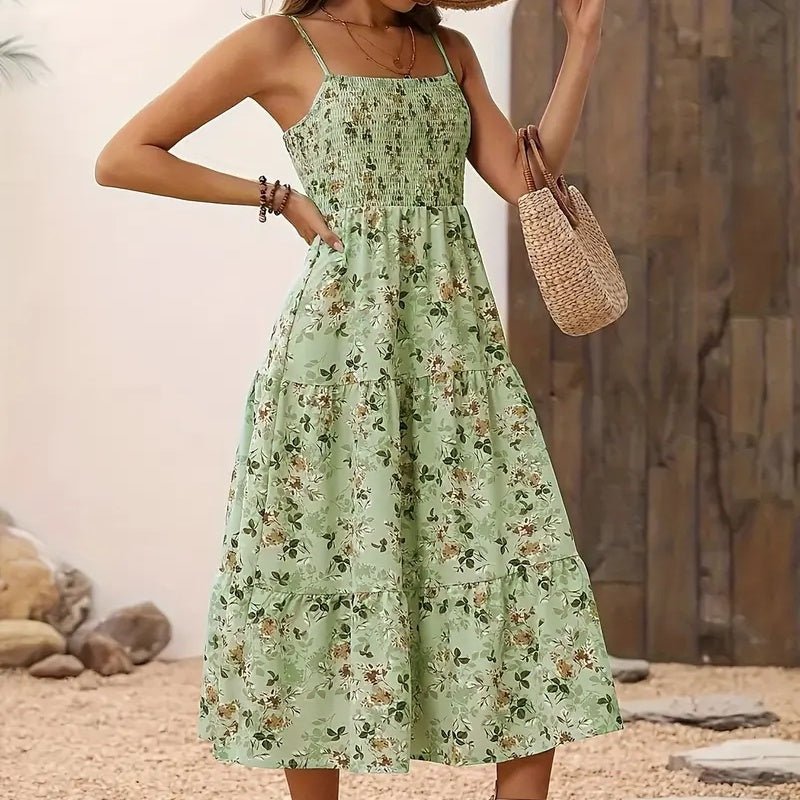Womens Summer Floral Midi Dress Smocked Spaghetti Strap Sleeveless Tiered Casual Flowy Dresses - Feeling My Adventure
