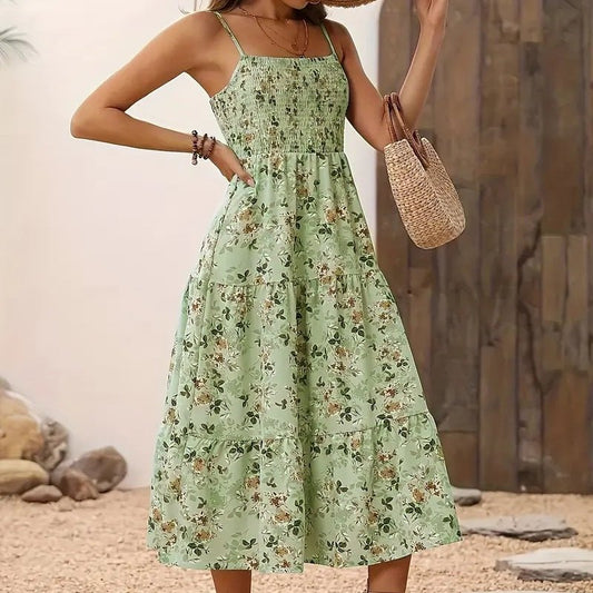 Womens Summer Floral Midi Dress Smocked Spaghetti Strap Sleeveless Tiered Casual Flowy Dresses - Feeling My Adventure