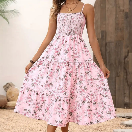 Womens Summer Floral Midi Dress Smocked Spaghetti Strap Sleeveless Tiered Casual Flowy Dresses - Feeling My Adventure