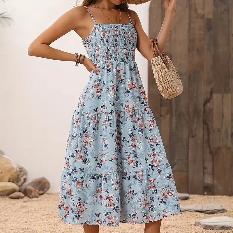 Womens Summer Floral Midi Dress Smocked Spaghetti Strap Sleeveless Tiered Casual Flowy Dresses - Feeling My Adventure