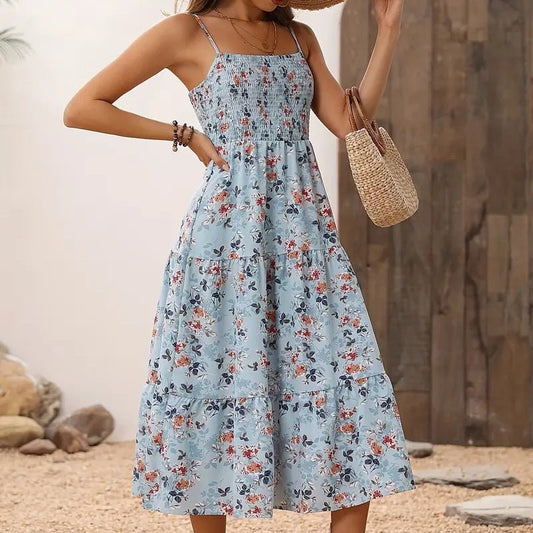 Womens Summer Floral Midi Dress Smocked Spaghetti Strap Sleeveless Tiered Casual Flowy Dresses - Feeling My Adventure