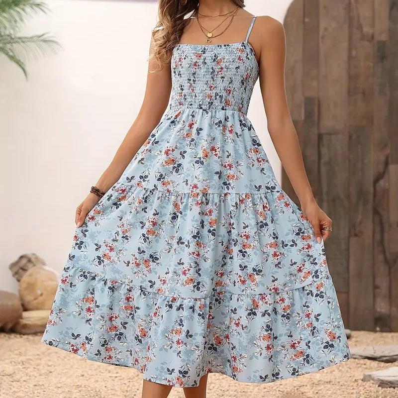 Womens Summer Floral Midi Dress Smocked Spaghetti Strap Sleeveless Tiered Casual Flowy Dresses - Feeling My Adventure
