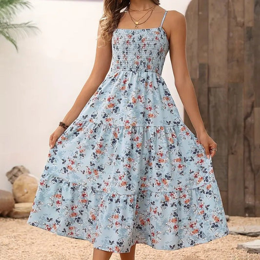 Womens Summer Floral Midi Dress Smocked Spaghetti Strap Sleeveless Tiered Casual Flowy Dresses - Feeling My Adventure