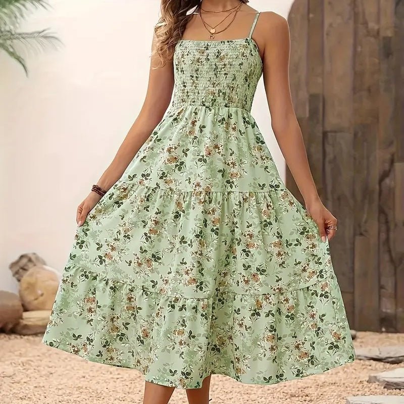 Womens Summer Floral Midi Dress Smocked Spaghetti Strap Sleeveless Tiered Casual Flowy Dresses - Feeling My Adventure