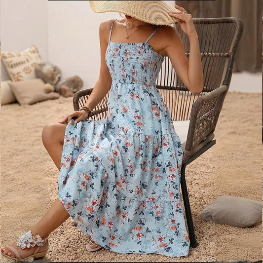 Womens Summer Floral Midi Dress Smocked Spaghetti Strap Sleeveless Tiered Casual Flowy Dresses - Feeling My Adventure
